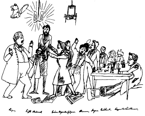 engels-caricature-of-the-free-the-berlin-group-of-young-hegelians-words-in-the-drawing-ruge-buhl-nauwerck-bauer-wigand-edgar-bauer-stirner-meyen-stranger-koppen-the-lieu
